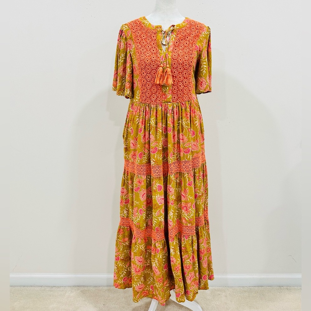 DOWNEAST Floral‎ Tiered Maxi Dress Boho Cottagecore Green Orange Crochet XS